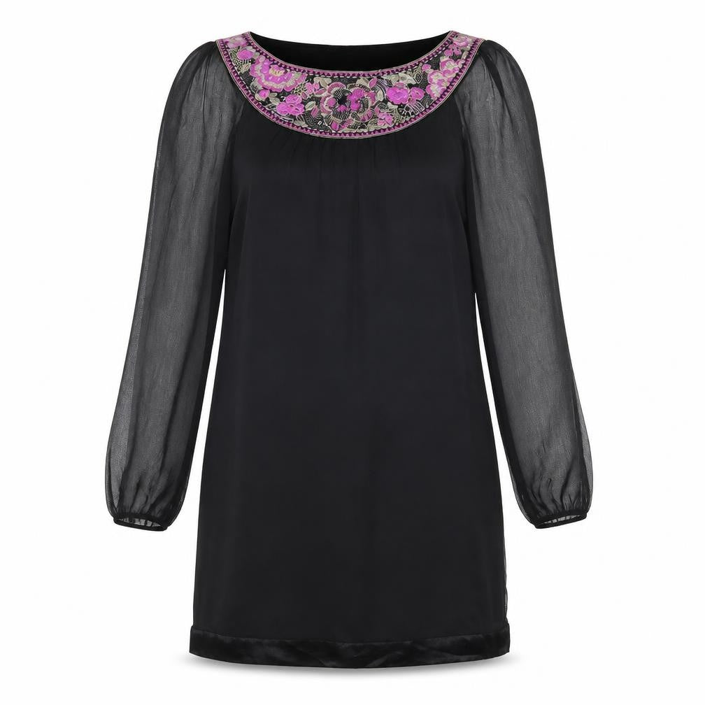Monsoon Womens Black Silk Shift Size 10 Boat Neck Pullover - Sheer Sleeves