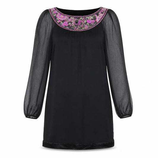 Monsoon Womens Black Silk Shift Size 10 Boat Neck Pullover - Sheer Sleeves