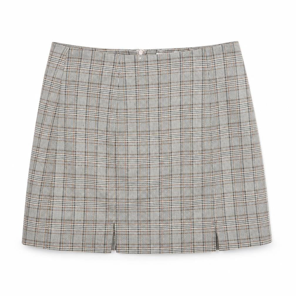 Pull&Bear Womens Beige Plaid Polyester A-Line Skirt Size M Zip