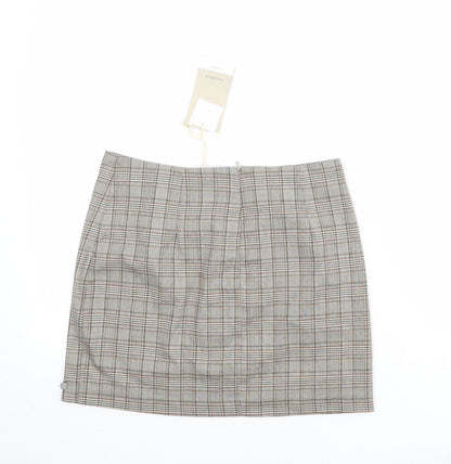 Pull&Bear Womens Beige Plaid Polyester A-Line Skirt Size M Zip