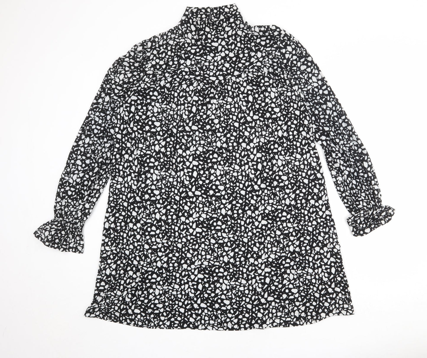 Blue Vanilla Womens Black Geometric Polyester A-Line Size S High Neck Button
