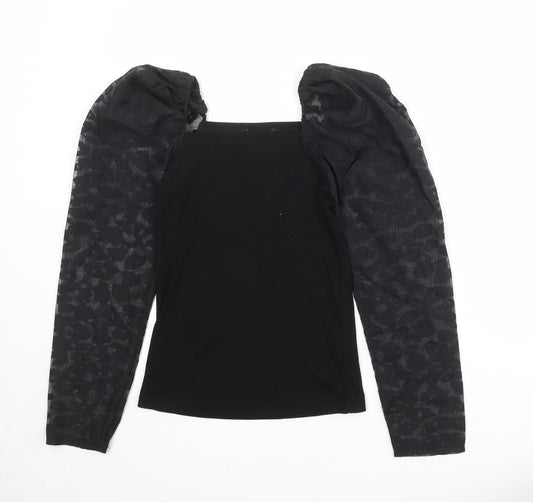 New Look Womens Black Animal Print Polyester Basic Blouse Size 10 Square Neck - Sheer Sleeves