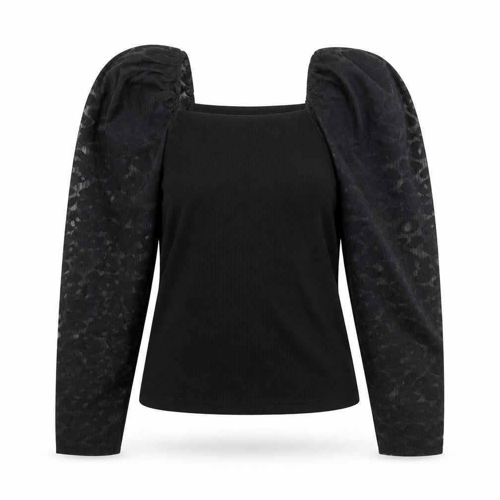 New Look Womens Black Animal Print Polyester Basic Blouse Size 10 Square Neck - Sheer Sleeves
