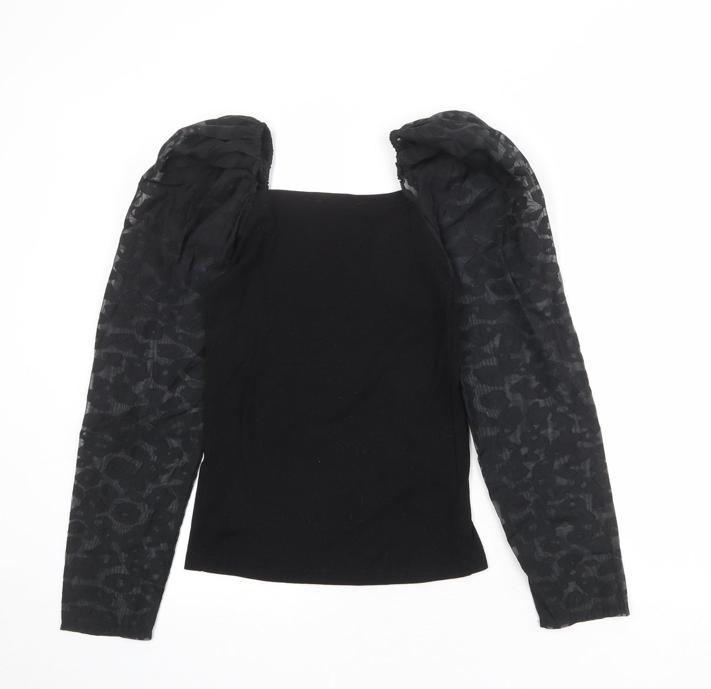 New Look Womens Black Animal Print Polyester Basic Blouse Size 10 Square Neck - Sheer Sleeves