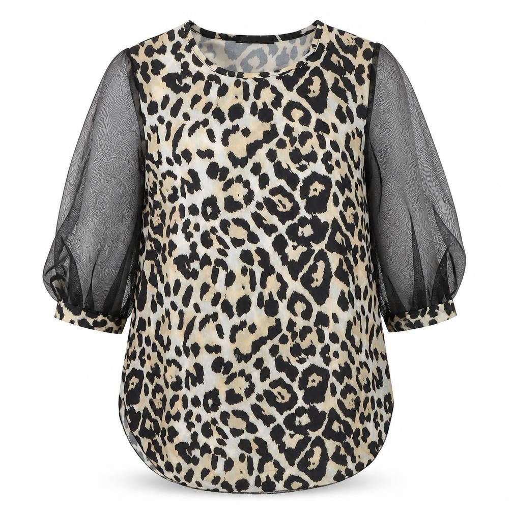 Quiz Womens Beige Animal Print Polyester Basic Blouse Size 10 Round Neck - Leopard Print