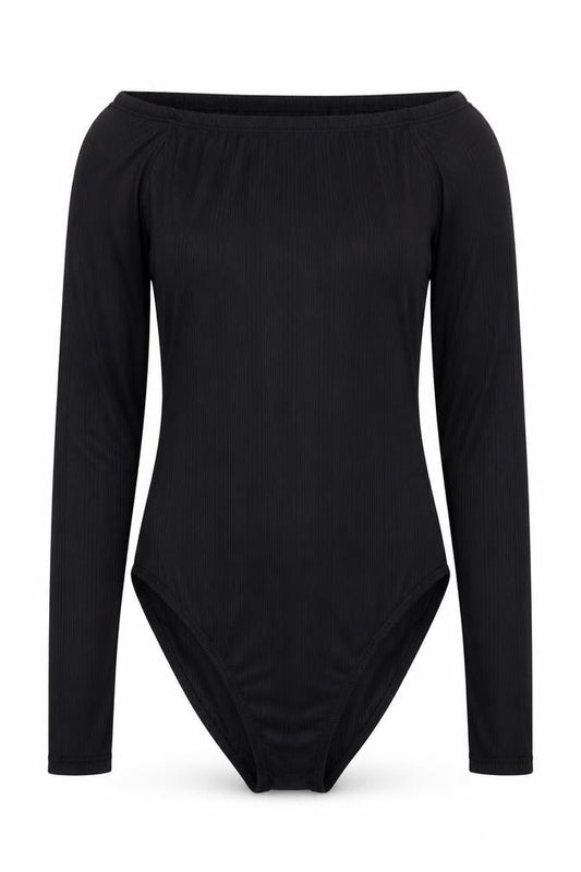 Front view of Miss Selfridge women’s black polyester bodysuit one-piece, size UK 6, snap