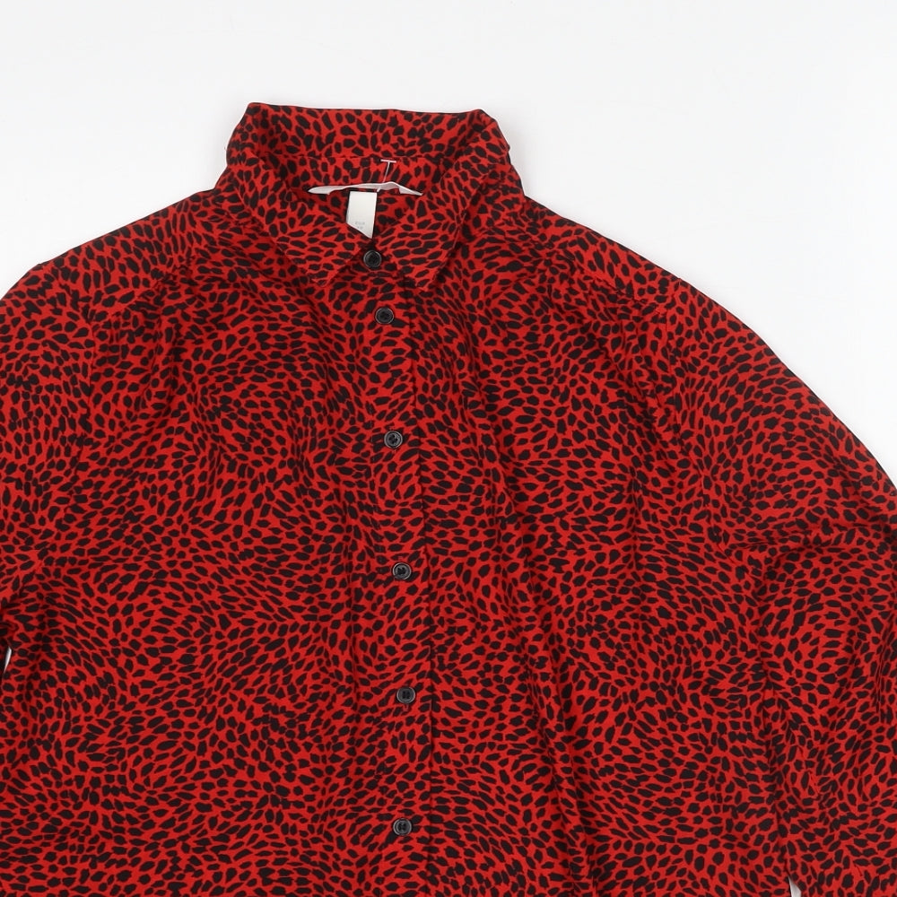 H&M Womens Red Geometric Polyester Basic Button-Up Size XS Collared - Cheetah Print