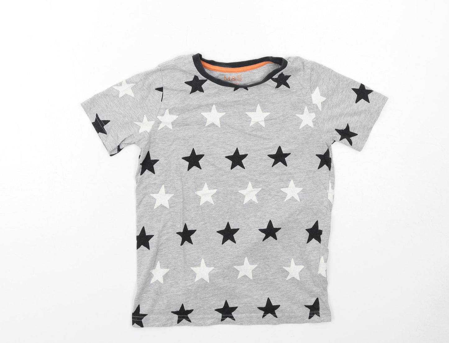 Marks and Spencer Boys Grey Geometric Cotton Basic T-Shirt Size 9-10 Years Crew Neck Pullover - Star Print