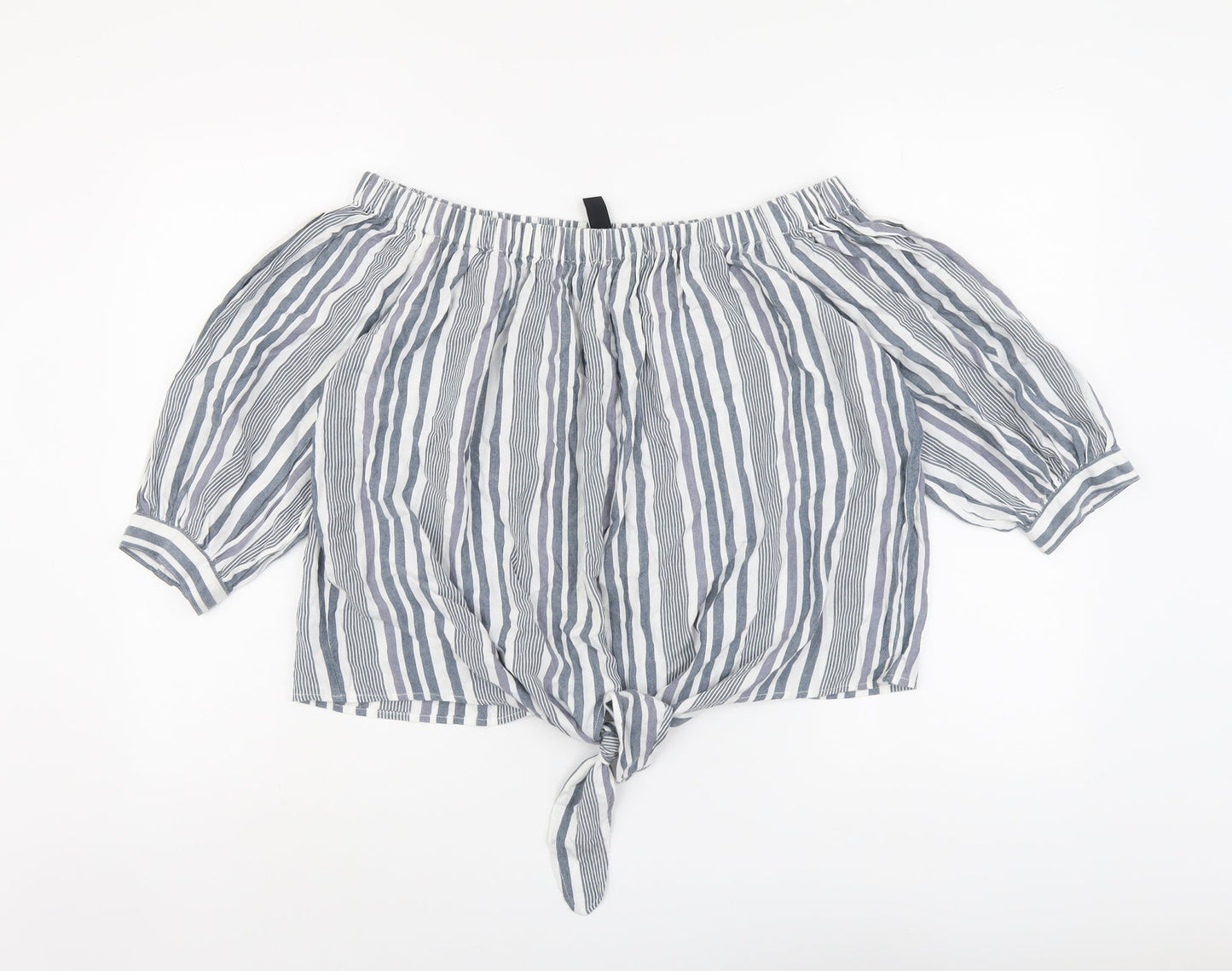 New Look Womens Grey Striped Viscose Basic Blouse Size 14 Off the Shoulder - Knot Front