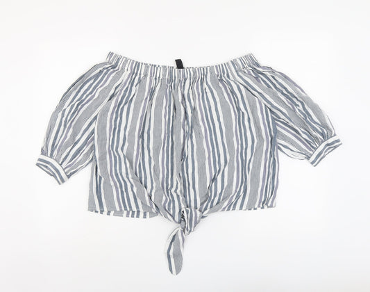 New Look Womens Grey Striped Viscose Basic Blouse Size 14 Off the Shoulder - Knot Front