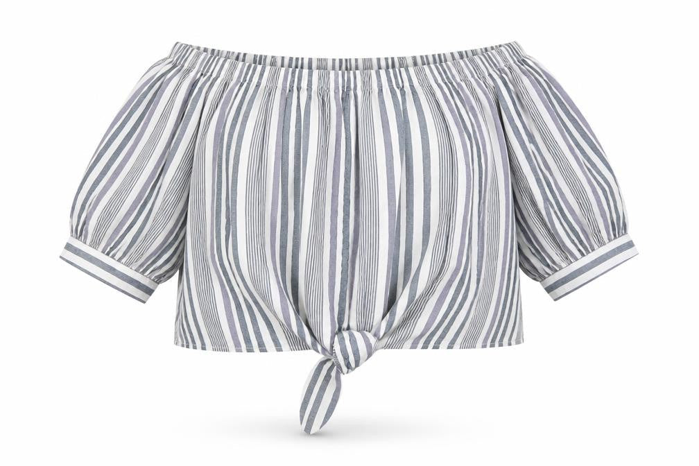 New Look Womens Grey Striped Viscose Basic Blouse Size 14 Off the Shoulder - Knot Front