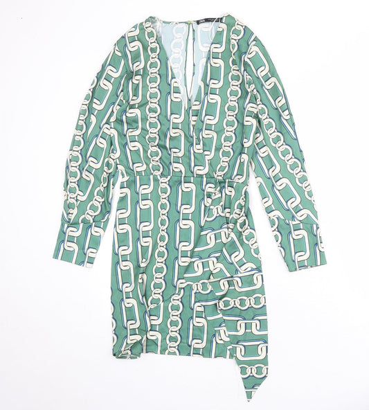 Zara Womens Green Geometric Polyester A-Line Size XS V-Neck Zip