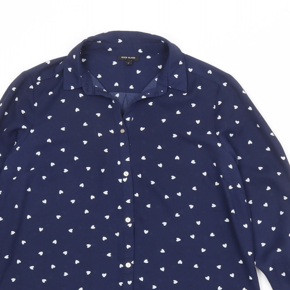 River Island Womens Blue Geometric Polyester Basic Button-Up Size 8 Collared - Heart Print