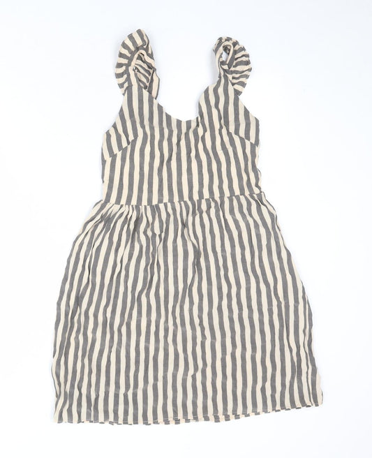 QED London Womens Beige Striped Rayon Tank Dress Size 8 V-Neck Tie