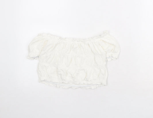 Zara Girls White Polyester Cropped Blouse Size 9-10 Years Off the Shoulder Pullover
