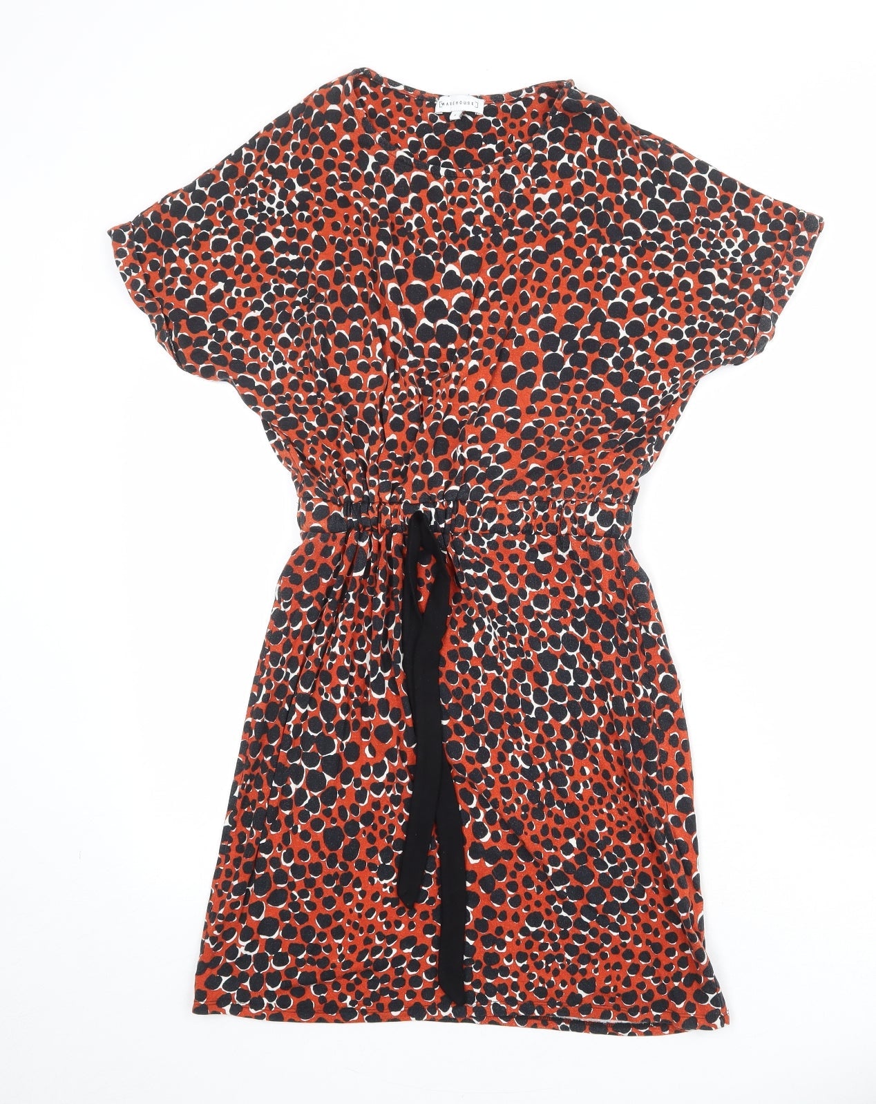 Warehouse Womens Orange Animal Print Viscose T-Shirt Dress Size 6 Round Neck Pullover - Cheetah Pattern