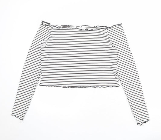 The Rockn Rev Womens White Striped Polyester Cropped Blouse Size 14 Off the Shoulder - Lettuce Hem