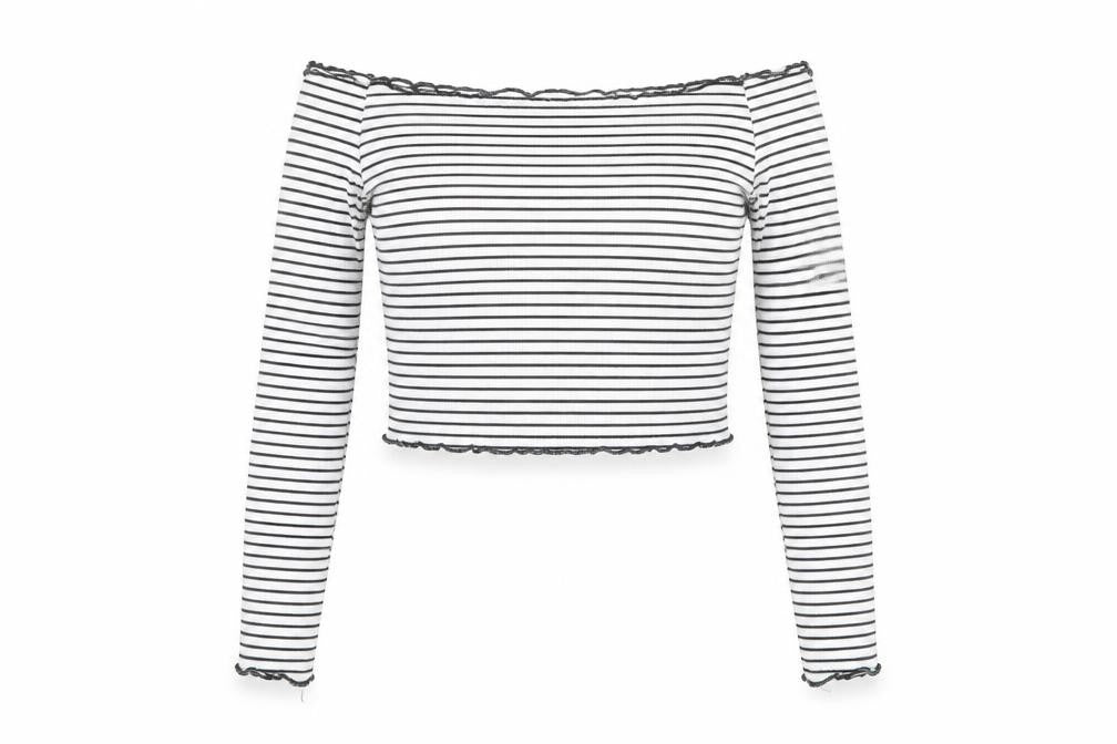 The Rockn Rev Womens White Striped Polyester Cropped Blouse Size 14 Off the Shoulder - Lettuce Hem