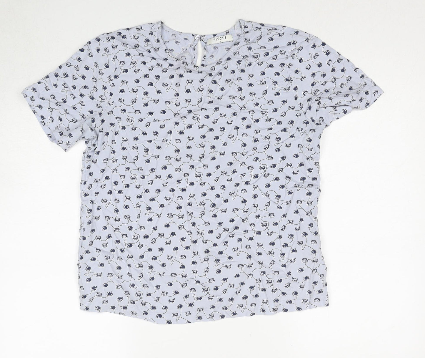 Pieces Womens Blue Geometric Viscose Basic Blouse Size M Round Neck