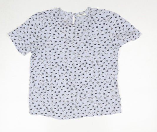 Pieces Womens Blue Geometric Viscose Basic Blouse Size M Round Neck