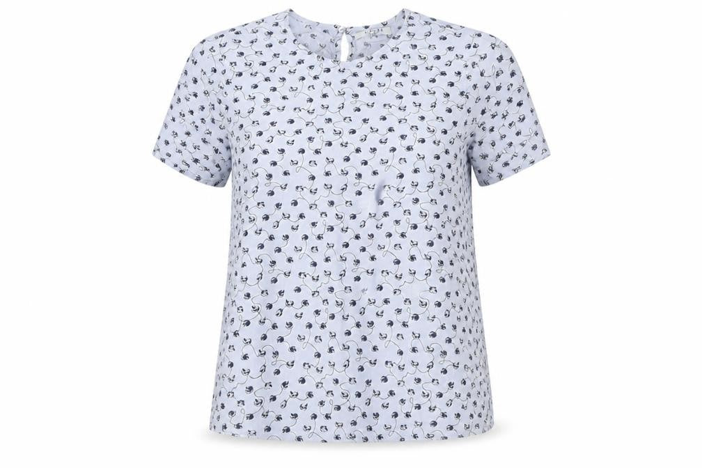 Pieces Womens Blue Geometric Viscose Basic Blouse Size M Round Neck