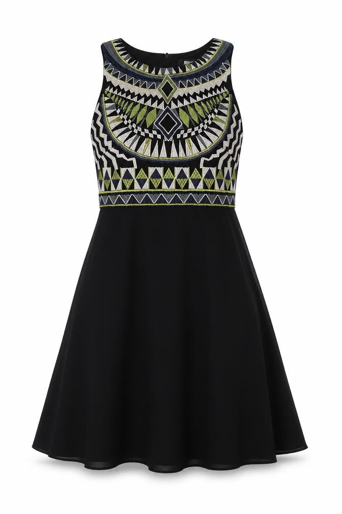 Missguided Womens Black Geometric Polyester Fit & Flare Size 8 Round Neck Zip