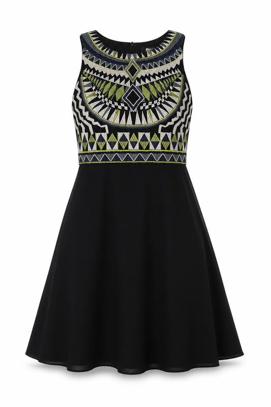 Front view of Missguided women’s black geometric polyester fit & flare, size UK 8, round neck zip