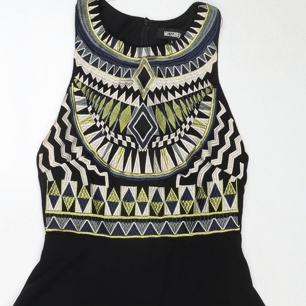Missguided Womens Black Geometric Polyester Fit & Flare Size 8 Round Neck Zip