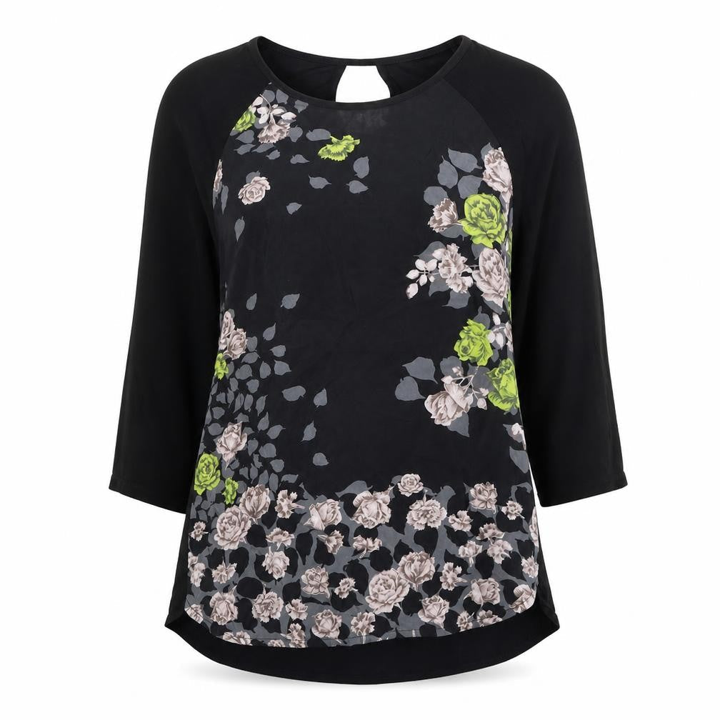 Oasis Womens Black Floral Viscose Basic Blouse Size M Round Neck
