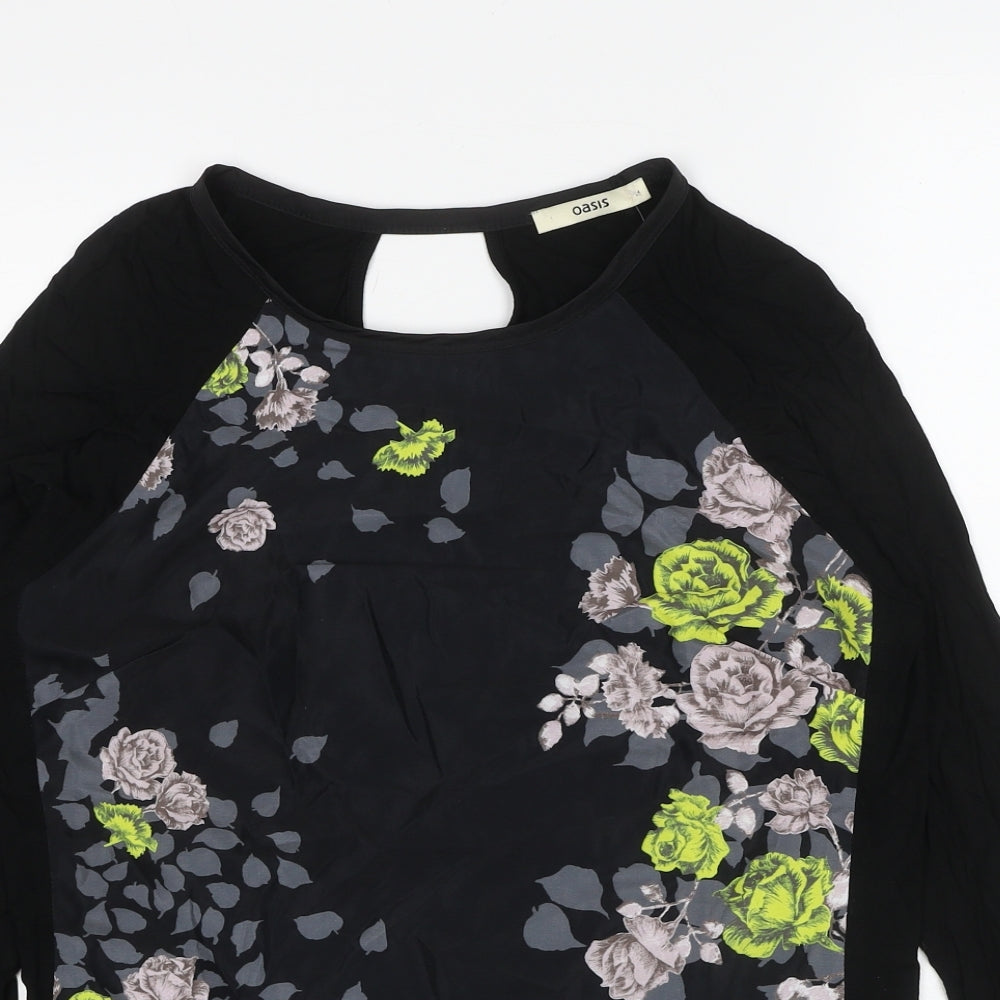 Oasis Womens Black Floral Viscose Basic Blouse Size M Round Neck