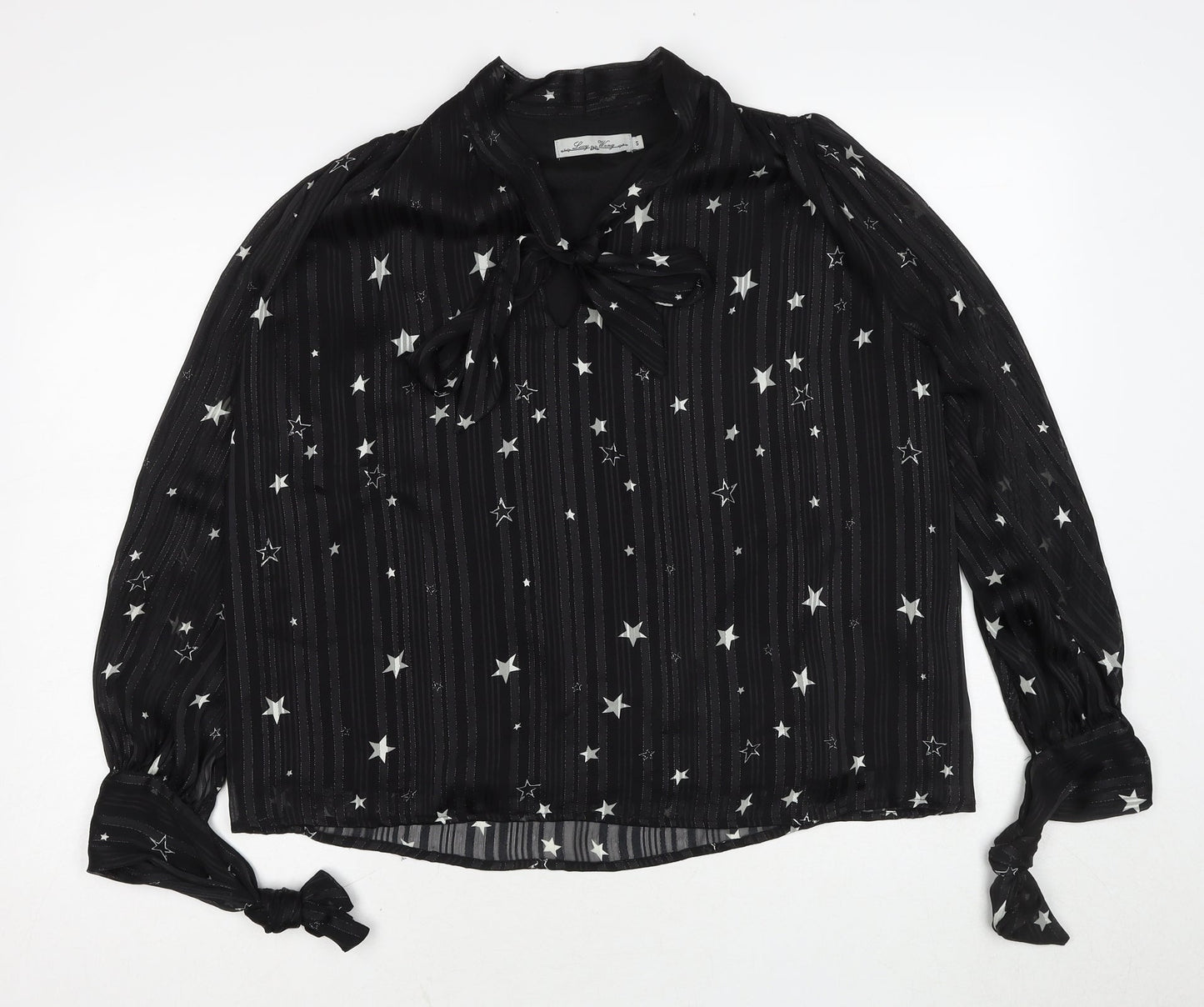 Lucy Wang Womens Black Geometric Polyester Basic Blouse Size S V-Neck - Star Pattern