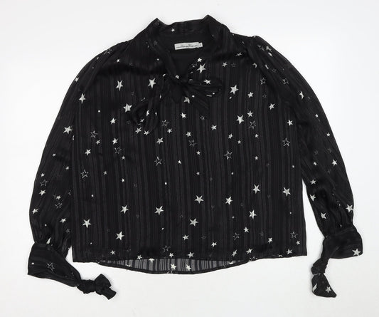 Lucy Wang Womens Black Geometric Polyester Basic Blouse Size S V-Neck - Star Pattern