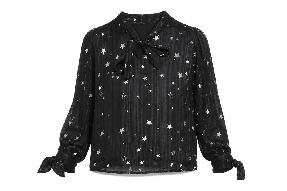 Lucy Wang Womens Black Geometric Polyester Basic Blouse Size S V-Neck - Star Pattern