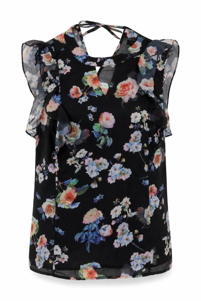 Angeleye Womens Black Floral Polyester Basic Blouse Size 14 Round Neck