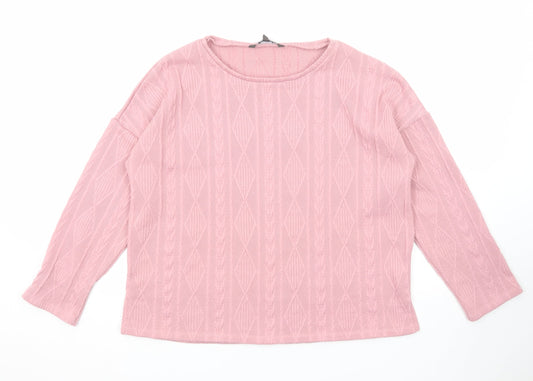Bonmarché Womens Pink Round Neck Geometric Polyester Pullover Jumper Size 14