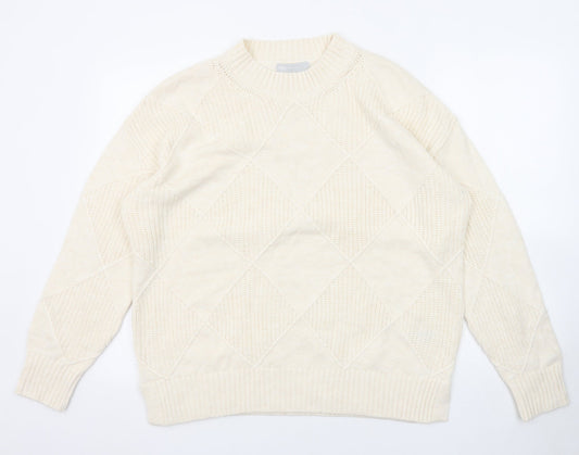 Marks and Spencer Womens Beige Mock Neck Argyle/Diamond Cotton Pullover Jumper Size L