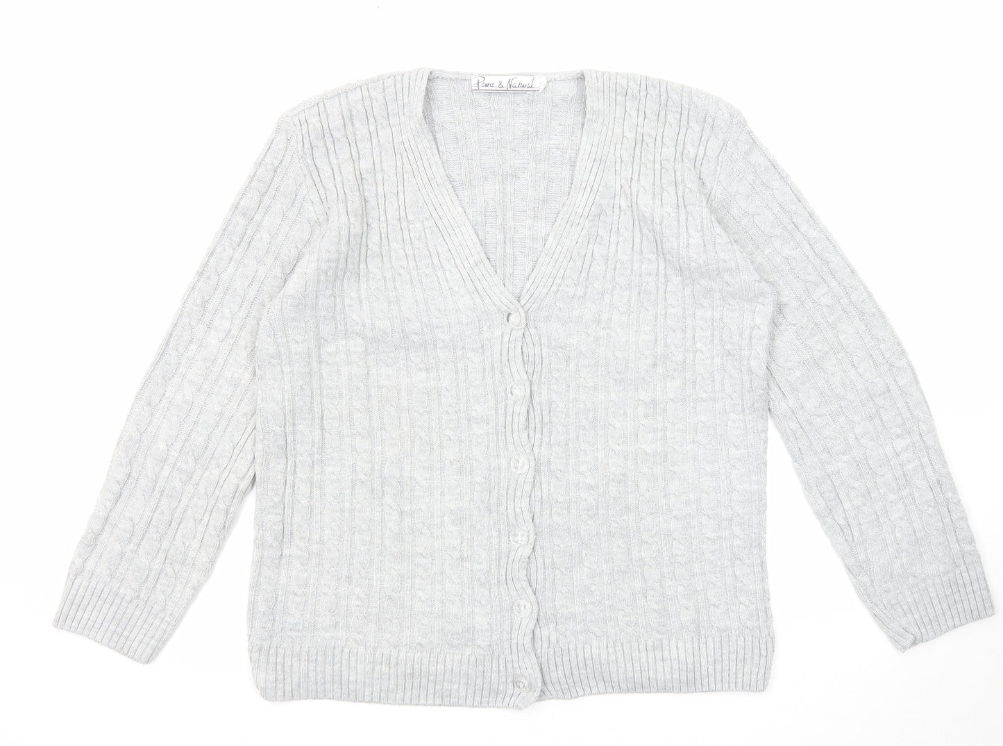 Pure & Natural Womens Grey V-Neck Acrylic Cardigan Jumper Size M - Size M-L