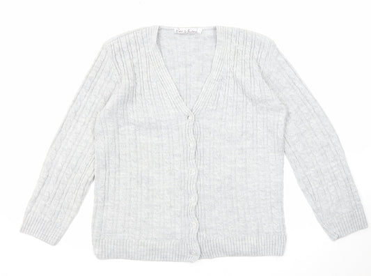 Pure & Natural Womens Grey V-Neck Acrylic Cardigan Jumper Size M - Size M-L