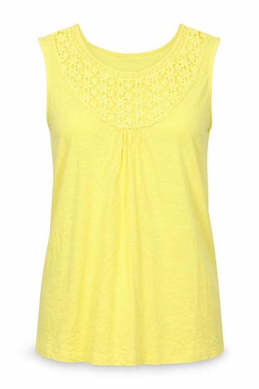 Front view of Kaleidoscope women’s yellow viscose basic t-shirt, size UK 12, boat neck
