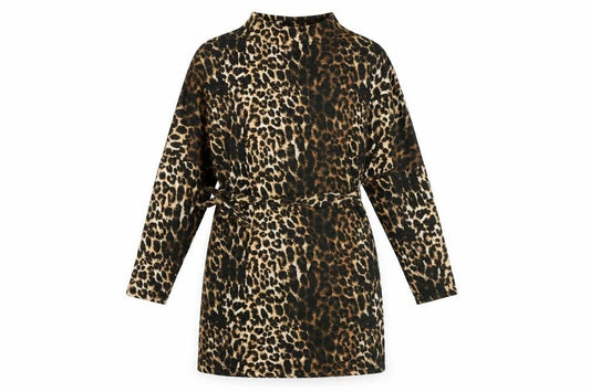 PRETTYLITTLETHING Womens Multicoloured Animal Print Polyester Fit & Flare Size 6 Mock Neck Tie - Leopard Print