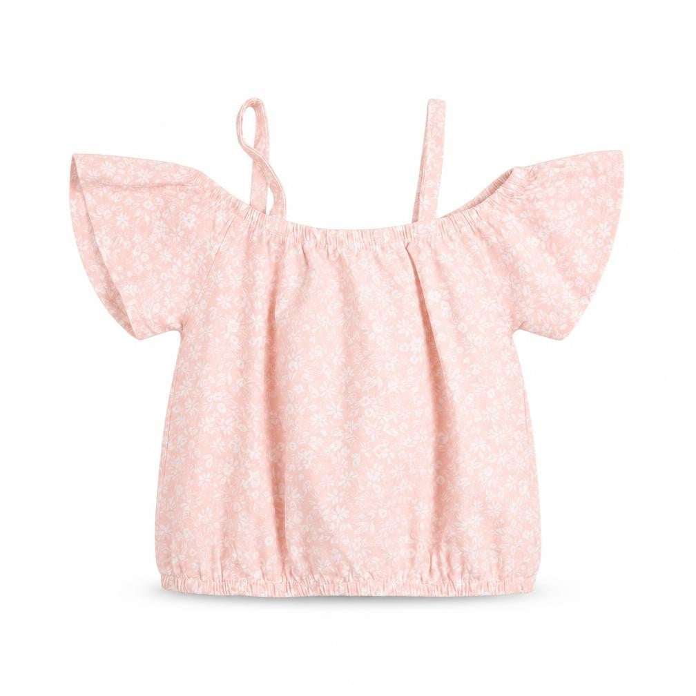 Btween Girls Pink Floral Cotton Basic Blouse Size 6 Years Round Neck Pullover - Cold Shoulder