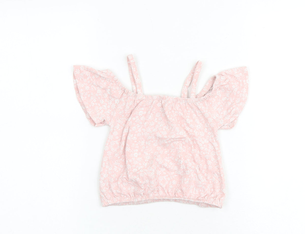 Btween Girls Pink Floral Cotton Basic Blouse Size 6 Years Round Neck Pullover - Cold Shoulder