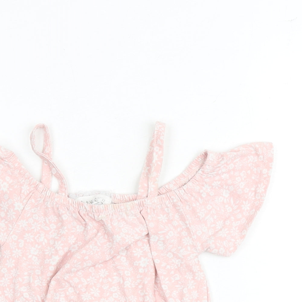 Btween Girls Pink Floral Cotton Basic Blouse Size 6 Years Round Neck Pullover - Cold Shoulder