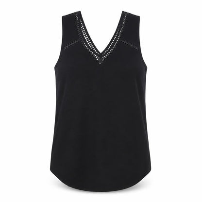 Front view of ASOS women’s black polyester basic tank, size UK 10, v-neck