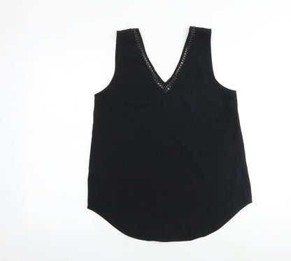 Back view of ASOS women’s black polyester basic tank, size UK 10, v-neck
