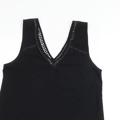 Close-up detail of ASOS women’s black polyester basic tank, size UK 10, v-neck