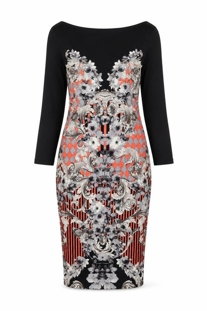 Front view of ASOS women’s multicoloured geometric viscose bodycon, size UK 10, round neck pullover - open back