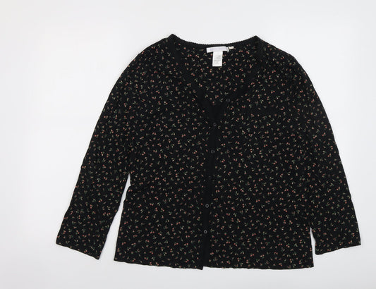 Carole Hochman Womens Black Floral Cotton Basic Button-Up Size S V-Neck