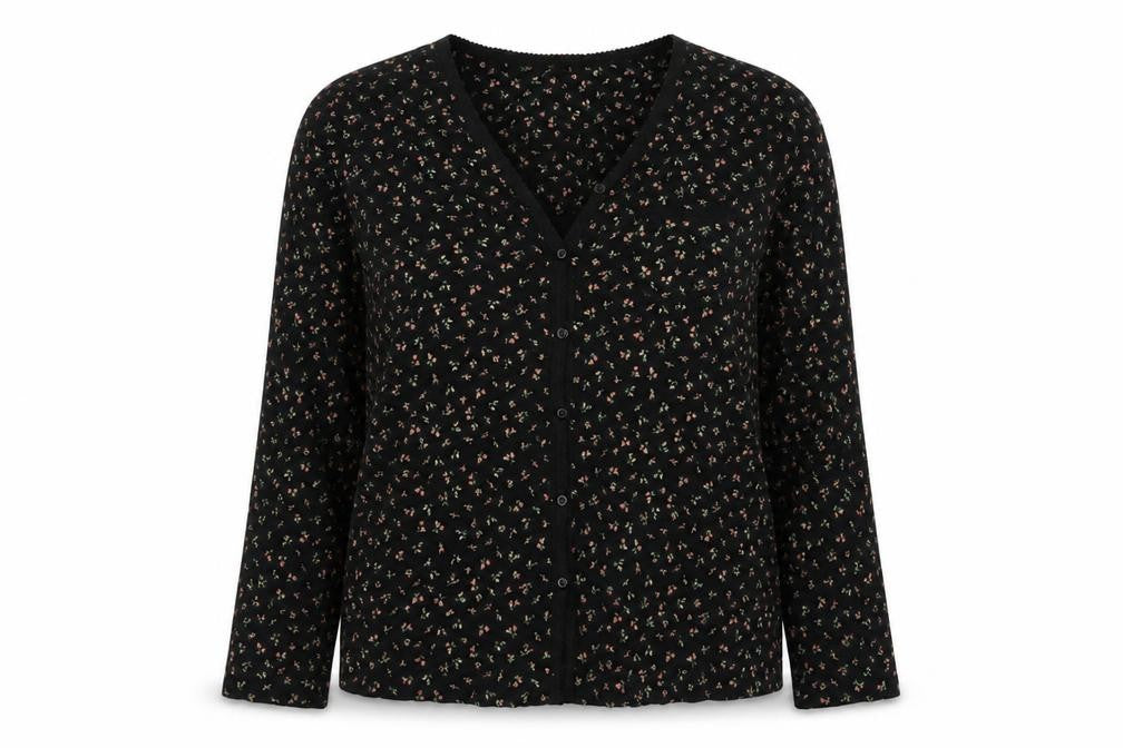 Carole Hochman Womens Black Floral Cotton Basic Button-Up Size S V-Neck