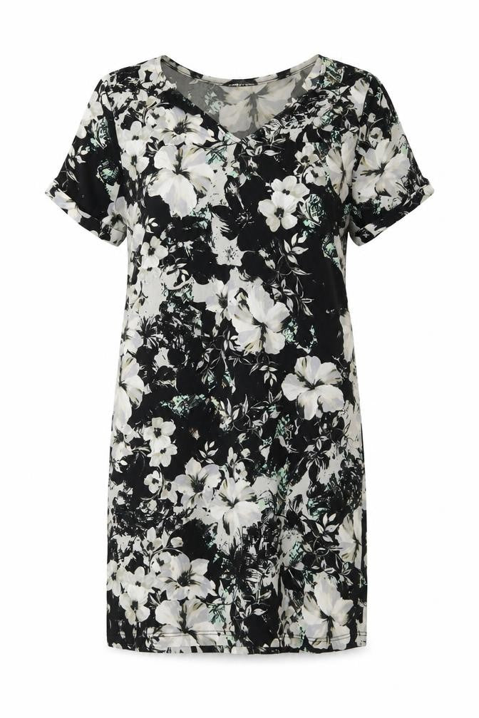 Warehouse Womens Black Floral Polyester A-Line Size 6 V-Neck Pullover
